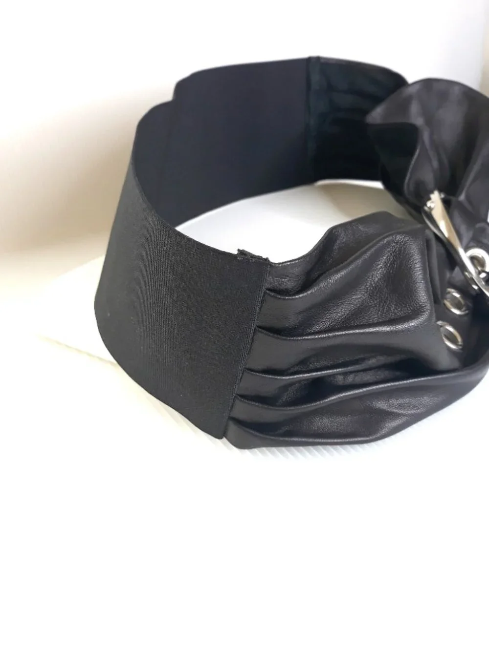Susie Roher Black Leather Grommet Statement Waist Belt Boho Artsy Chic